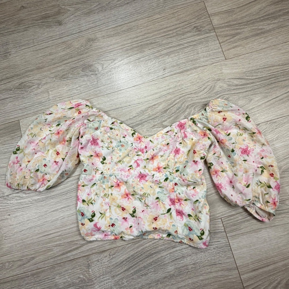 Abercrombie & Fitch Floral Puff Sleeve Smocked Back Blouse Pink Yellow Small